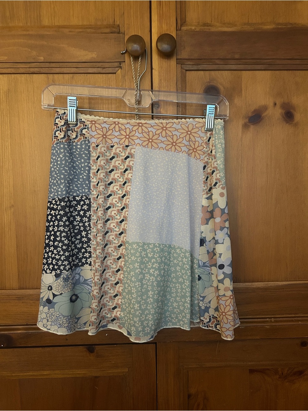 Altar'd State Patchwork Mini Skirt in Pastel Blue, Cream, Peach, and Mint